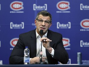 Canadiens general manager Marc Bergevin meets the media at the Bell Sports Complex in Brossard on April 9, 2018 after the team failed to make the playoffs.