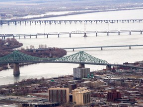 From bottom to top : the Jacques Cartier Bridge, the de la Concorde Brige, Victoria Bridge and the Champlain Bridge.