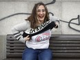 Former Montrealer Cecil Castellucci reveals a Canadiens T-shirt under her LA Kings sweater during a visit to Montreal Monday April 30, 2018.