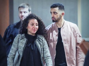 Sabrine Djermane, left, and El Mahdi Jamali at the Palais de Justice in Montreal May 4, 2018, before agreeing to peace bonds. The couple were acquitted last year of terrorism charges.