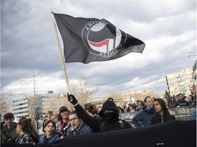 A group calling themselves Park Extension in Solidarity Against Racism and Fascism demonstrated in Montreal on Saturday May 5, 2018, outside the condo building of the waver of a Nazi flag at last Tuesday's May Day demo.