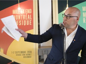 Claude Larivée annouces the Mile Ex End festival lineup on  Wednesday May 9, 2018. He runs La Tribu, one of the companies that organizes the Mile Ex End Festival. (Pierre Obendrauf / MONTREAL GAZETTE)
