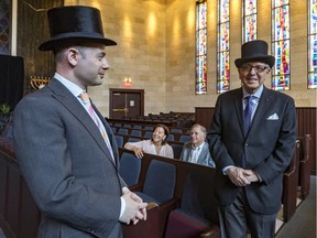 The Spanish and Portuguese Synagogue in Snowdon is celebrating its 250th anniversary on Thursday. Rabbi Avi Finegold, left, and president Edmond Elbaz are wearing their traditional top hats with co-chairs Arlene Abitan and Ron Mashaal seated.