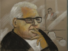 An artist rendering of Maurice (Mom) Boucher at the Gouin Courthouse in Montreal, on Friday, May 11, 2018.