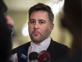 Prosecutor Matthew Ferguson speaks to journalists after the trial of of Maurice (Mom) Boucher at the Gouin Courthouse in Montreal on Friday, May 11, 2018.