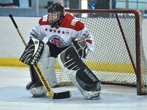 Rec-league level goalies, like this one at the Hockey Helps The Homless charity hockey tournament at Terwillegar Rec Centre in Edmonton, May 11, 2018, can be easier to find at the last minute now via apps that work the same way as Uber.