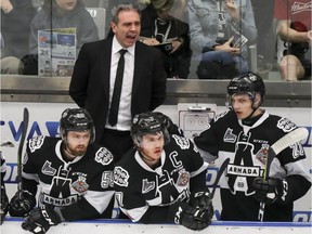 Blainville-Boisbriand Armada head coach and general manager Joël Bouchard encourages his team during a Quebec Major Junior Hockey League playoff game against the Acadie-Bathurst Titans in Boisbriand on Friday, May 11, 2018.
