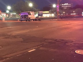 The scene of a fatal collision between a van and motorcycle at the corner of Brunswick and St-Jean Blvds. in Pointe-Claire early Friday morning, May 18, 2018. The driver of the motorcycle died.