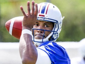 Quarterback Josh Freeman passes the football during the first day of Montreal Alouettes training camp at the Olympic Stadium in Montreal Sunday May 20, 2018.