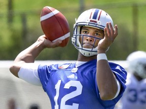 Quarterback Josh Freeman passes the football during the first day of Montreal Alouettes training camp at the Olympic Stadium in Montreal Sunday May 20, 2018. (John Mahoney / MONTREAL GAZETTE) ORG XMIT: 60707 - 2987