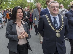 Montreal Mayor Valérie Plante and Mícheál Mac Donncha, Lord Mayor of Dublin, participate in the Walk to the Stone on Sunday, May 27, 2018.