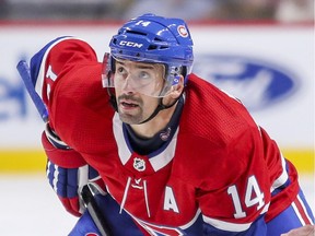 Canadiens centre Tomas Plekanec lines up for a faceoff during NHL game against the Florida Panthers at the Bell Centre in Montreal on Sept. 29, 2017.