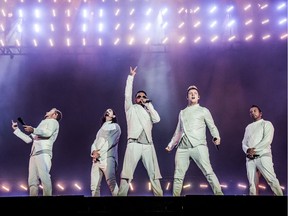 In this  July 9, 2017, file photo, Brian Littrell, from left, Kevin Richardson, AJ McLean, Nick Carter and Howie Dorough of the Backstreet Boys perform during the Festival d'ete de Quebec in Quebec City, Canada. The Backstreet Boys have a new single. They released "Don't Go Break My Heart" on Thursday, May 17, 2018, along with a video.