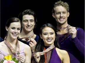 Tessa Virtue and Scott Moir of Canada and Madison Chock and Evan Bates of the United States on the podium during the ISU Four Continents Figure Skating Championships  on Feb. 17, 2017 in Gangneung, South Korea.