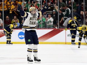 Jake Evans of the Notre Dame Fighting Irish, celebrates his winning goal in the final seconds of a game against the Michigan Wolverines during the semifinals of the 2018 NCAA Division I Men's Hockey Championships on April 5, 2018 at Xcel Energy Center in St Paul, Minn.