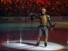 LAS VEGAS, NV - MAY 04:  The Golden Knight performs during a pregame program before Game Five of the Western Conference Second Round between the San Jose Sharks and the Vegas Golden Knights during the 2018 NHL Stanley Cup Playoffs at T-Mobile Arena on May 4, 2018 in Las Vegas, Nevada. The Golden Knights won 5-3.