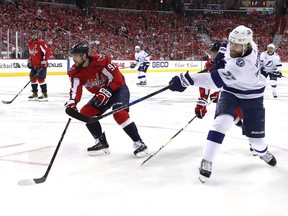 Victor Hedman (#77) of the Tampa Bay Lightning takes a shot against the Washington Capitals in Game Three of the Eastern Conference Finals during the 2018 NHL Stanley Cup Playoffs at Capital One Arena on May 15, 2018 in Washington, DC.