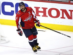 Alex Ovechkin of the Washington Capitals breaks his stick in frustration after the Tampa Bay Lightning won Game 4 on Thursday night, May 17, 2018, to tie up the Eastern Conference final at 2-2. Game 5 is Saturday night in Tampa, Fla.