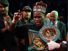 TORONTO, ON - MAY 19:  Adonis Stevenson celebrates at the end his WBC Light Heavyweight title fight against Badou Jack at Air Canada Centre on May 19, 2018 in Toronto, Canada. The fight ended in a draw.