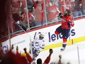 WASHINGTON, DC - MAY 21:  Devante Smith-Pelly #25 of the Washington Capitals celebrates his goal in the third period against the Tampa Bay Lightning in Game Six of the Eastern Conference Finals during the 2018 NHL Stanley Cup Playoffs at Capital One Arena on May 21, 2018 in Washington, DC.