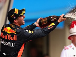 Race winner Daniel Ricciardo of Australia and Red Bull Racing celebrates on the podium during the Monaco Formula One Grand Prix at Circuit de Monaco on May 27, 2018 in Monte-Carlo, Monaco.