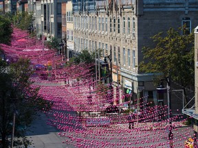 The Aires Libres pedestrian mall on Montreal's Ste-Catherine St. is distinguished by the iconic Rainbow Balls installation.