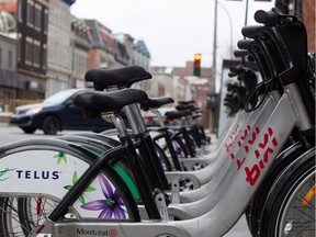 A Bixi bike stand on Notre-Dame St. in Montreal.