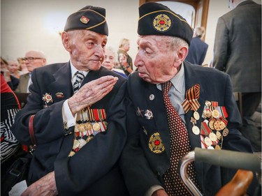 When a couple of busloads of senior citizens arrived at the Russian consul general's residence for a ceremony commemorating the end of the Second World War, I was immediately drawn to these two gentlemen wearing their veterans' uniforms and chests-full of medals. Before the ceremony, they engaged in a lively conversation and I had my photo. Only afterward did I learn that David Ficherman, on the left, was 103 years old, and his friend Shulin Grinberg was 96.