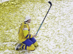 Sweden's Jacob de la Rose celebrates after his team’s 3-2 shootout win over Switzerland in the gold-medal game at the IIHF World Hockey Championship in Copenhagen, Denmark on May 20, 2018.