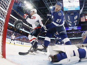 Lars Eller of the Washington Capitals scores a second period goal against the Tampa Bay Lightning in Game 1 of the Eastern Conference Finals during the 2018 NHL Stanley Cup Playoffs at the Amalie Arena on Friday, May 11, 2018, in Tampa, Fla.