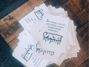 Pictures of the flyers that were left at VIce's Montreal offices by a half-dozen men with alleged ties to the far-right group Atalante.