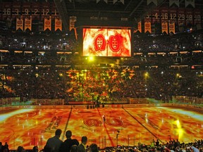 The Bell Centre ice appears to be on fire during pregame activities before Game 6 of the Canadiens' Stanley Cup playoff series against the Boston Bruins in Montreal on May 12, 2014.