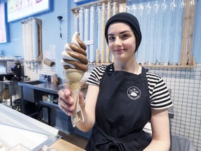 Catherine Viens with a soft-serve ice cream cone at Les Givres on Masson St.