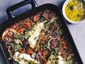 Lentil Tomato Olive Baked Cod from More With Less: Whole Food Cooking Made Irresistibly Simple by Jodi Moreno