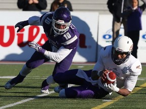 Western Mustangs linebacker Jean-Gabriel Poulin moves in on Laurier Golden Hawks quarterback Michael Knevel during the OUA Yates Cup championship game at TD Stadium in London, Ont., on Nov. 12, 2016. Poulin, who the Alouettes selected with the No. 23 overall draft pick Thursday, is expected to immediately improve Montreal's special-teams unit.