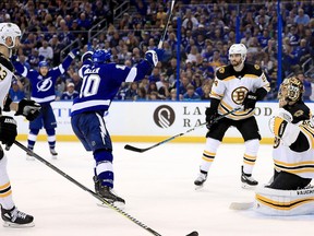 J.T. Miller of the Tampa Bay Lightning celebrates a goal during Game 5 of the Eastern Conference Second Round against the Boston Bruins during the 2018 NHL Stanley Cup Playoffs at Amalie Arena on Sunday, May 6, 2018 in Tampa, Fla.
