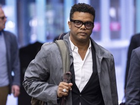 Quebec singer Luck Mervil, who pleaded guilty this week to having sexually exploited a minor many years ago, arrives at the courthouse for sentencing arguments on Friday.