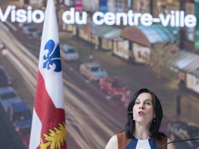 Montreal Mayor Valérie Plante speaks during a news conference in Montreal, Thursday, April 26, 2018, where she announced details of a plan to revamp Ste-Catherine St.