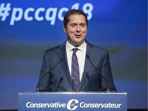 Conservative leader Andrew Scheer addresses the party's general council meeting in St-Hyacinthe on Sunday, May 13, 2018.