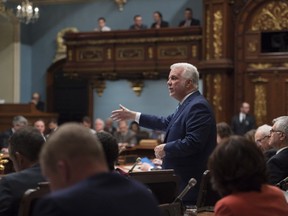 Quebec Premier Philippe Couillard responds during question period Wednesday, May 16, 2018 at the legislature in Quebec City.