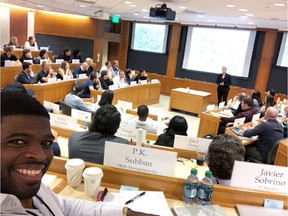 Nasville Predators defenceman P.K. Subban tweeted out this photo of himself on May 31, 2018 in a classroom at Harvard University, where he is taking a four-day course titled The Business of Entertainment, Media, and Sports. Twitter