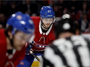 Left-winger Alex Galchenyuk waits for the puck to drop during NHL game between the Canadiens and New York Rangers at the Bell Centre in Montreal on Feb. 22, 2018.