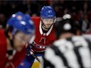 Left-winger Alex Galchenyuk waits for the puck to drop during NHL game between the Canadiens and New York Rangers at the Bell Centre in Montreal on Feb. 22, 2018. 