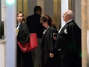 Julius Grey speaks with Isabel Schurman as they leave the Quebec Court of Appeal courtroom during the Mitra Javanmardi hearings in March 2017.