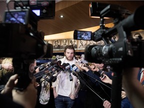 Alex Galchenyuk speaks to the media at the Bell Sports Complex in Brossard on April 9, 2018 after the Canadiens missed the playoffs for the second time in three years.