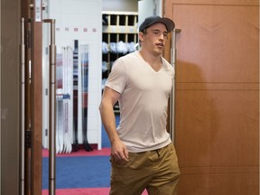 Canadiens forward Brendan Gallagher arrives to speak with the media as the players cleared out their lockers at the Bell Sports Complex in Brossard on April 9, 2018 at the conclusion of the NHL season.