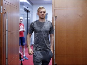 Forward Artturi Lehkonen enters Canadiens locker room at the team’s practice facility in Brossard to speak with the media on April 9, 2018 after the team missed the playoffs for the second time in three years.