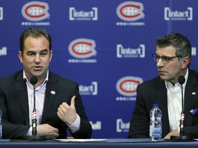Montreal Canadiens owner and team president Geoff Molson, left, and general manager Marc Bergevin meet the media to discuss their season at the Bell Sports Complex in Brossard on Monday April 9, 2018.