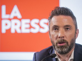 La Presse president Pierre-Elliott Levasseur addresses a news conference on May 8 at which he announced the news outlet would adopt a not-for-profit structure.