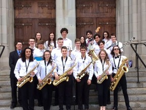 Beaconsfield High School senior jazz band in New York City in April, 2018 with music teacher Phil Legault, second row left.